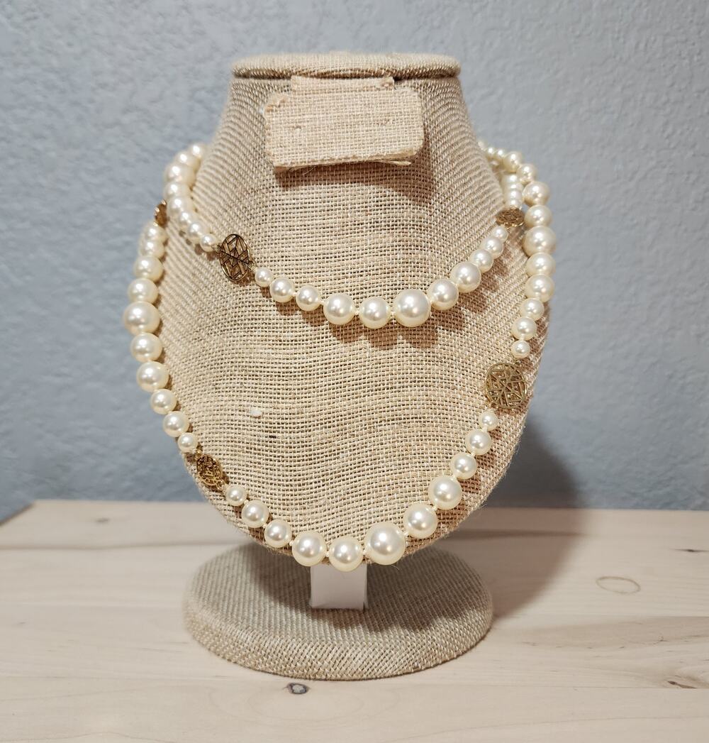 Tory Burch Faux Pearl Station Necklace Gold Tone Long Strand T Logo Preppy